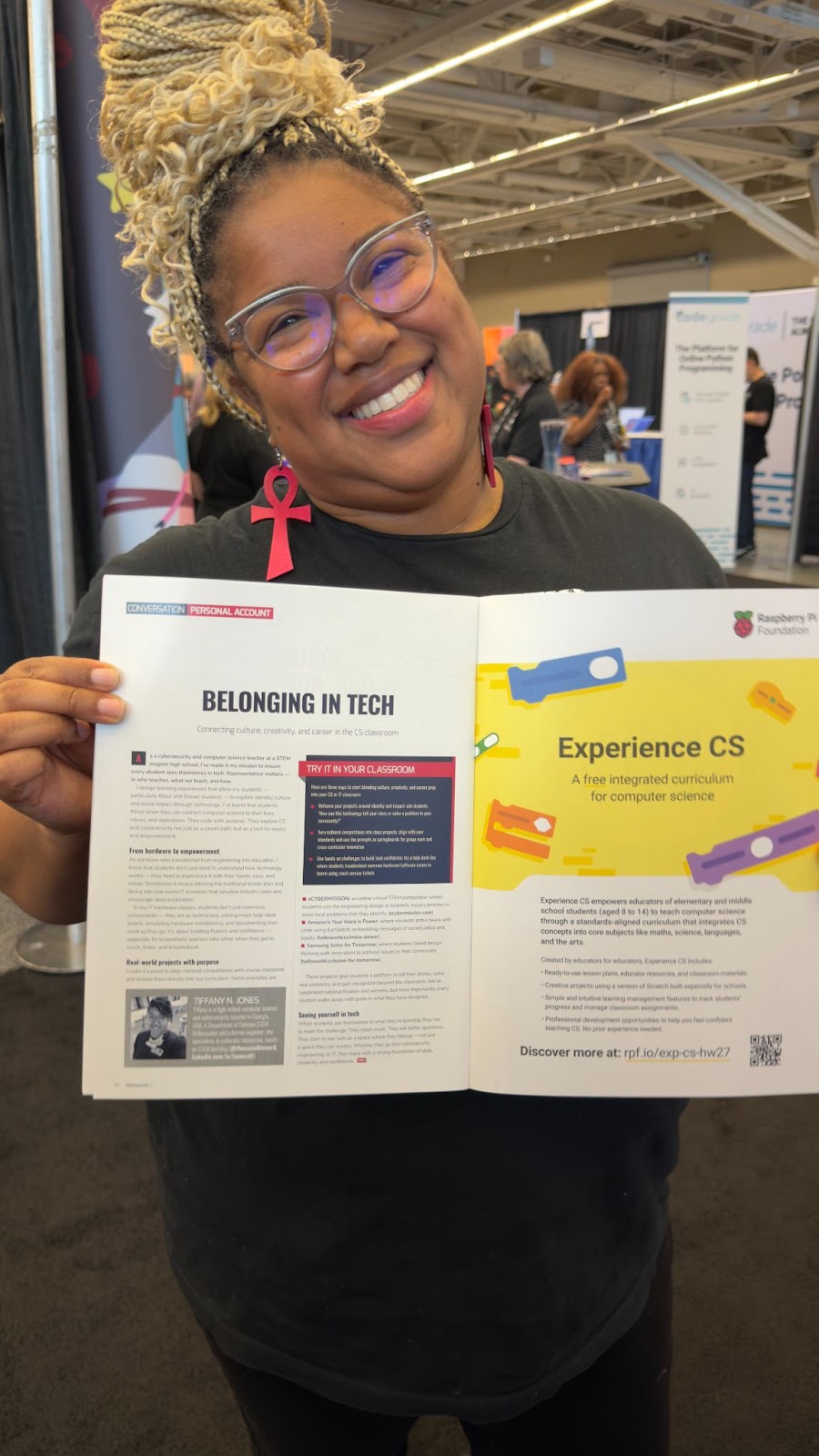 Tiffany N. Jones CS & Cybersecurity teacher in Georgia, USA smiling showcasing her article in Hello World Issue 27.
