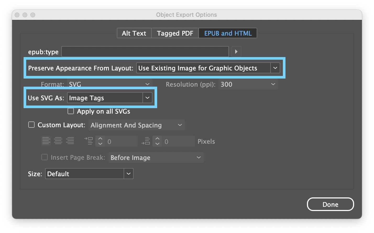 The Object Export Options Panel highlighting the option