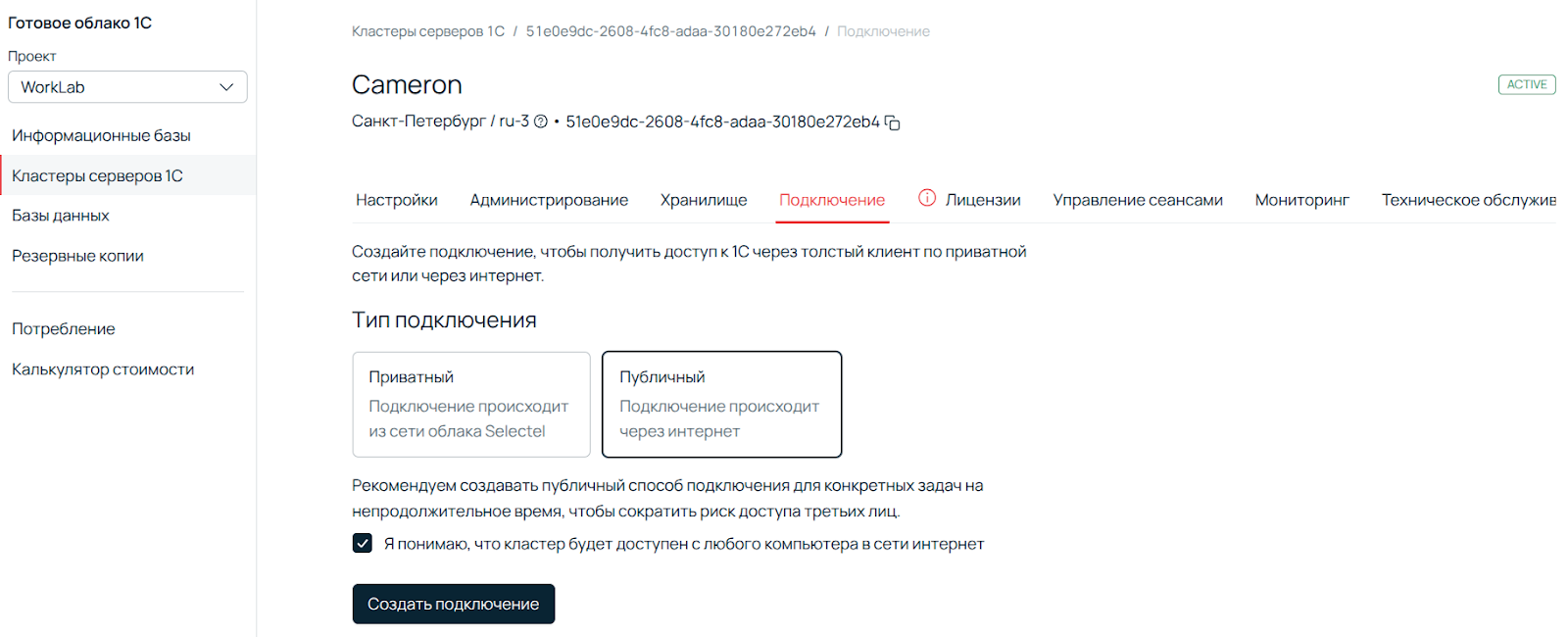 Скриншот ПУ: данные по кластеру.