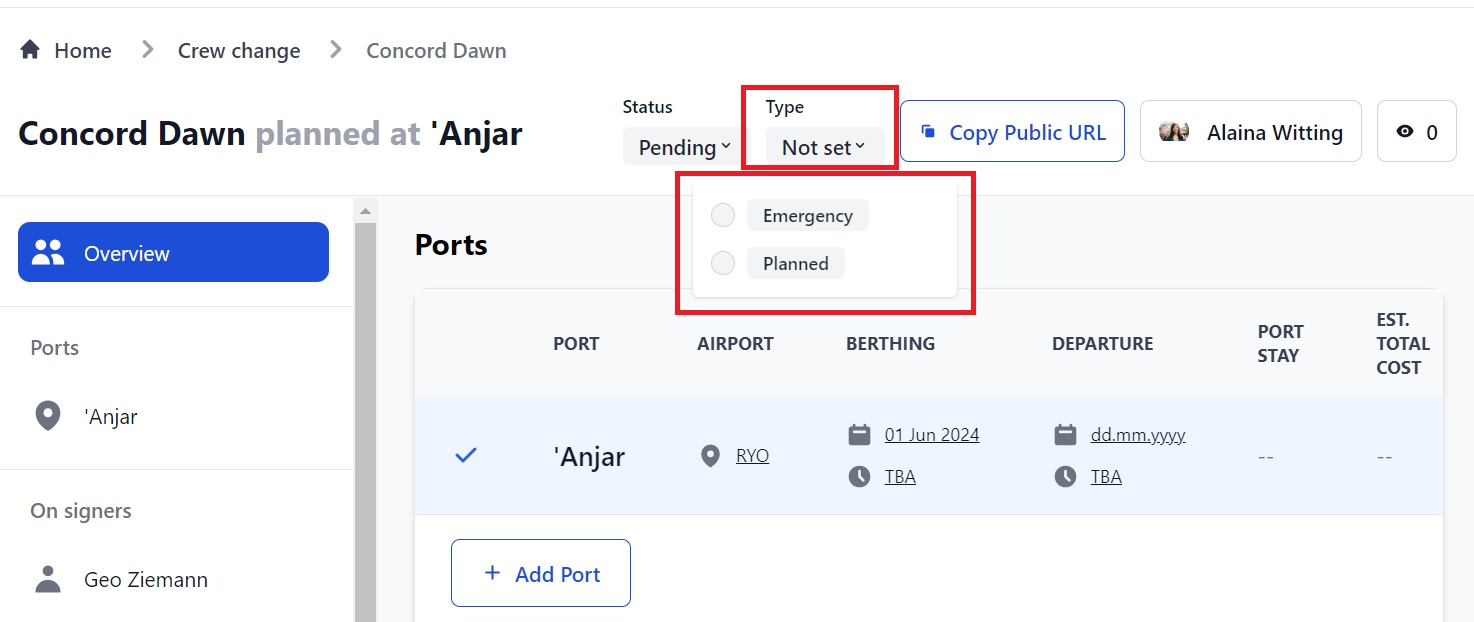 The Crew Change Type page in Martide's maritime crew management and crew planning software solution.