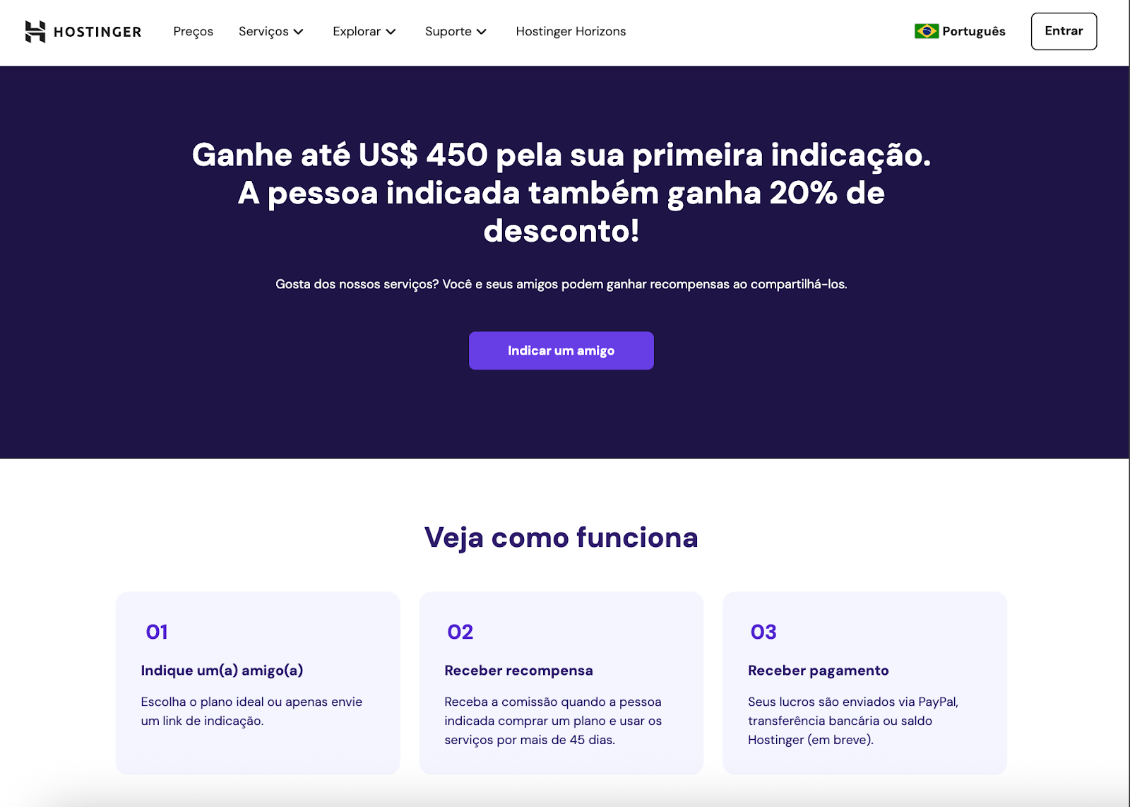 Página do programa de indicação da Hostinger