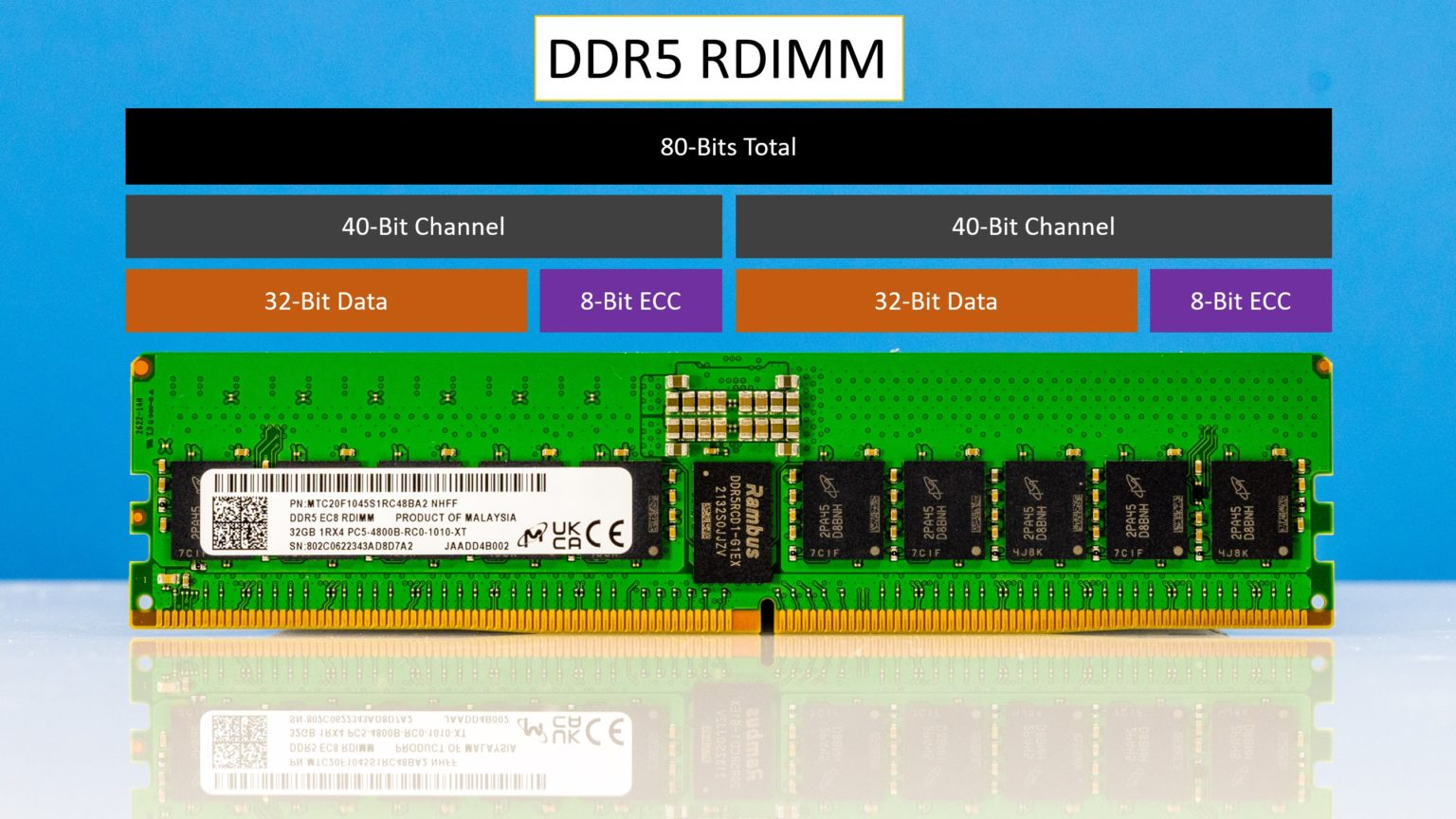 Фото планки памяти Micron DDR5 RDIMM с двумя каналами по 40 бит. 
