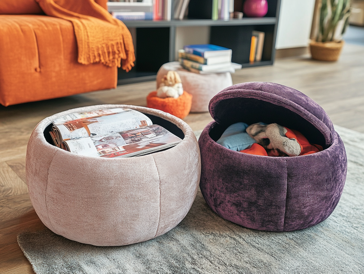 Poufs de rangement dans un petit appartement