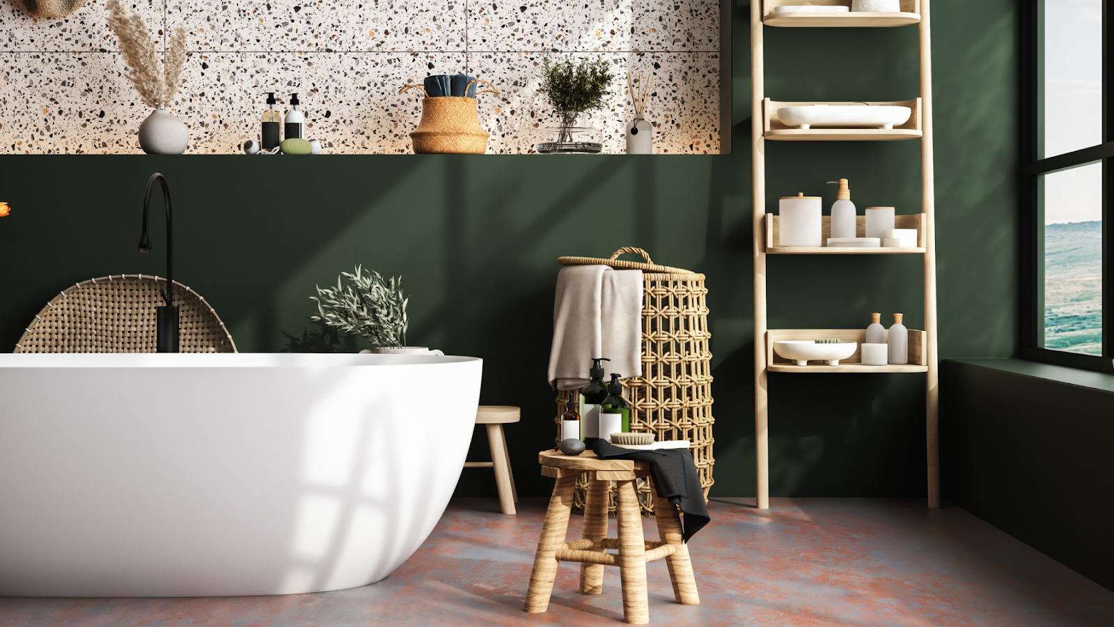 A unique bathroom with a olive colored walls.