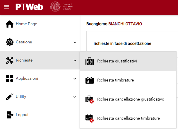 Dalla home page seleziono richieste dal menu e scelgo richiesta giustificativi tra le voci possibili (prima voce dell'elenco)