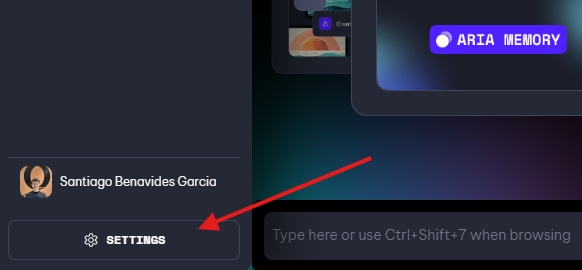 The Aria AI Memory feature can be accessed through settings