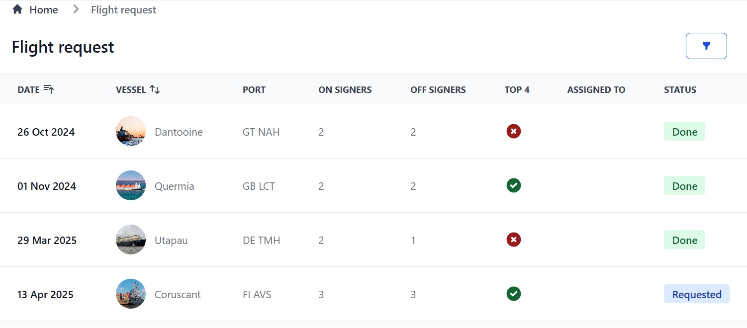 screenshot of Martide's maritime crew management software showing the travel agent flight request feature