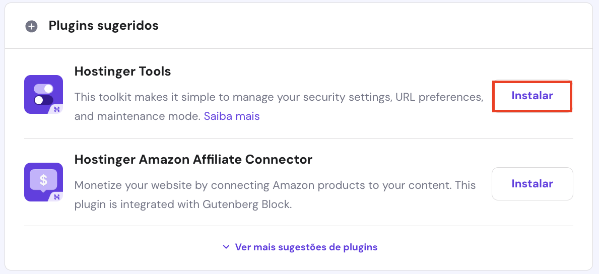 O botão Instalar do plugin Hostinger Tools no painel do hPanel em destaque