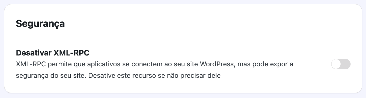 A configuração para destivar o XML-RPC no painel do plugin Hostinger Tools