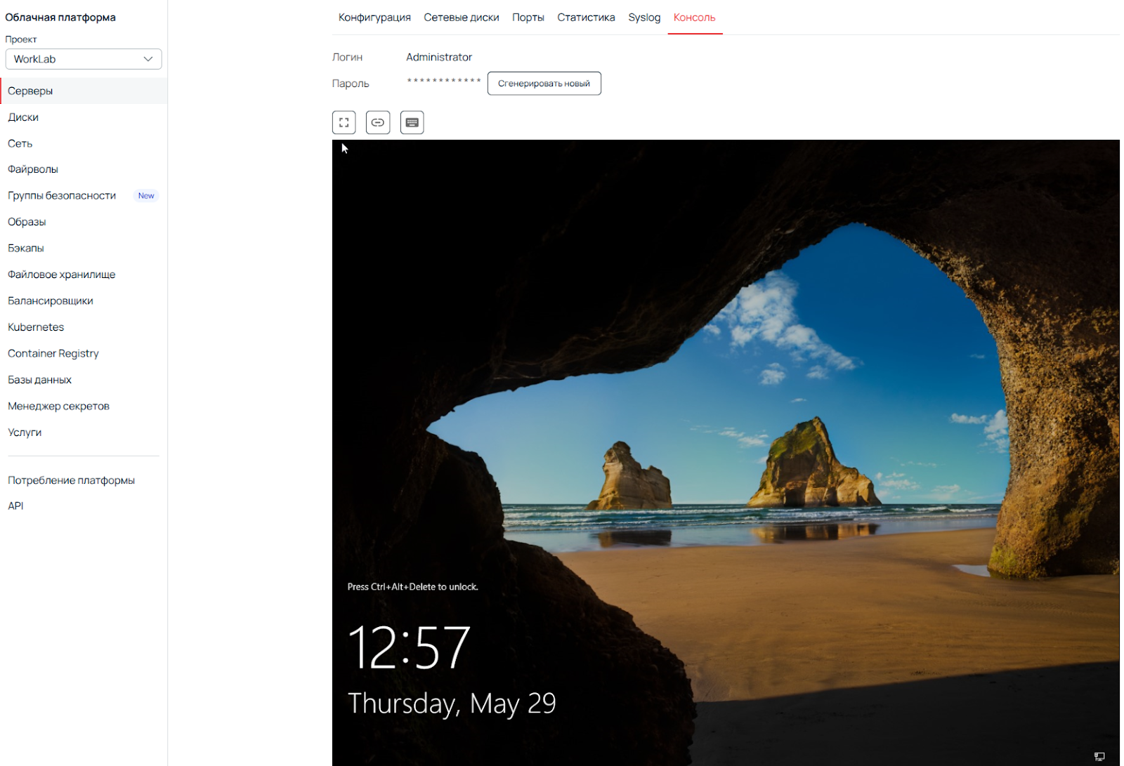 Скриншот ПУ: работа с сервером Windows по протоколу RDP.