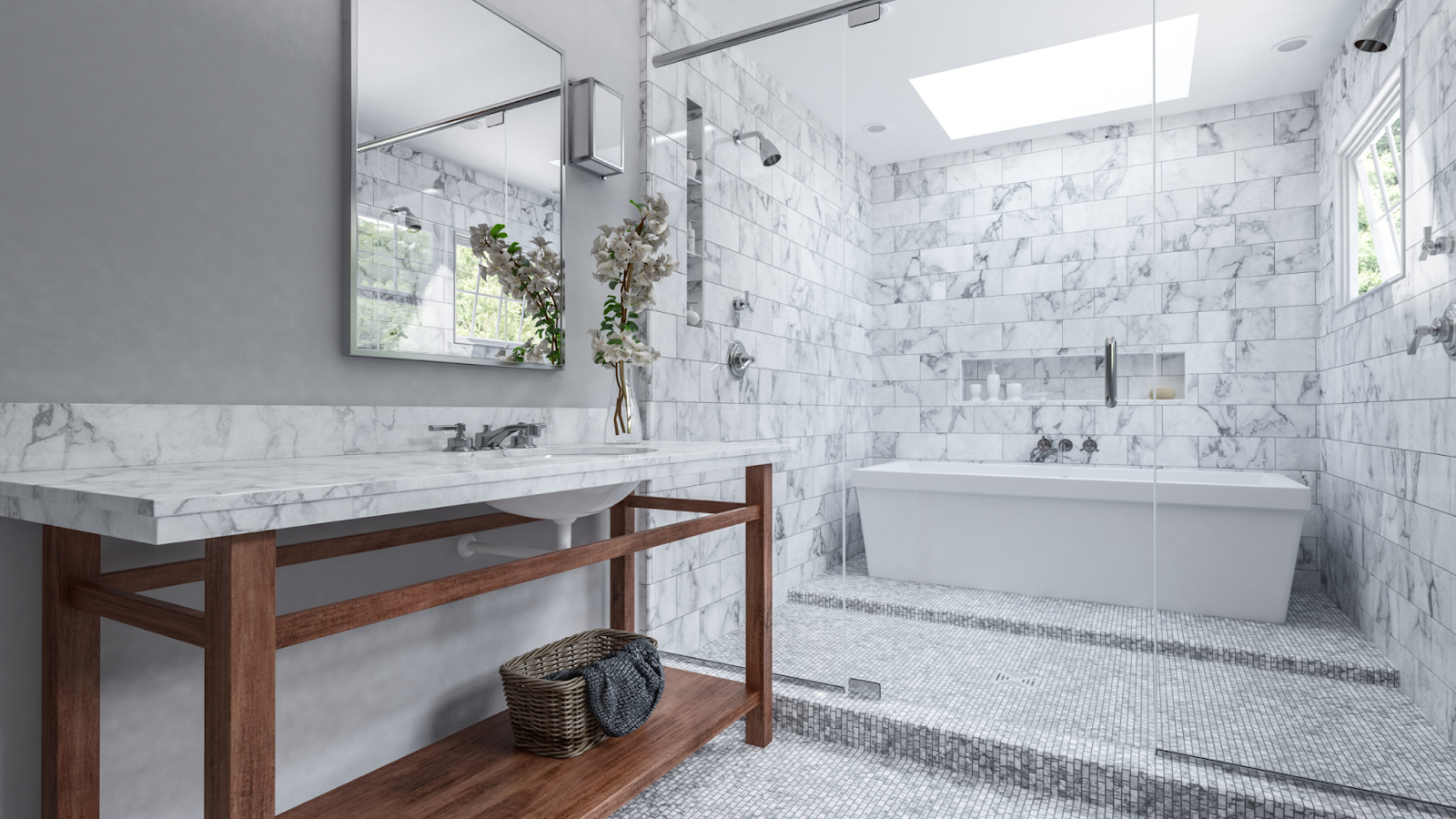 A white and grey bathroom.