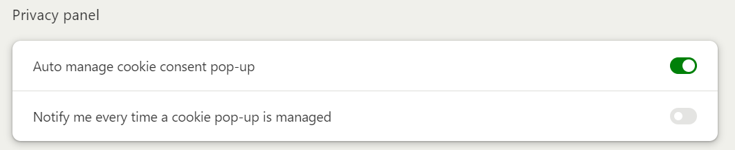 Image showing the privacy panel and its two settings regarding the automatic cookie manager