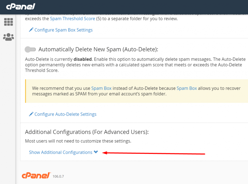 tombol show additional configurations untuk filter email