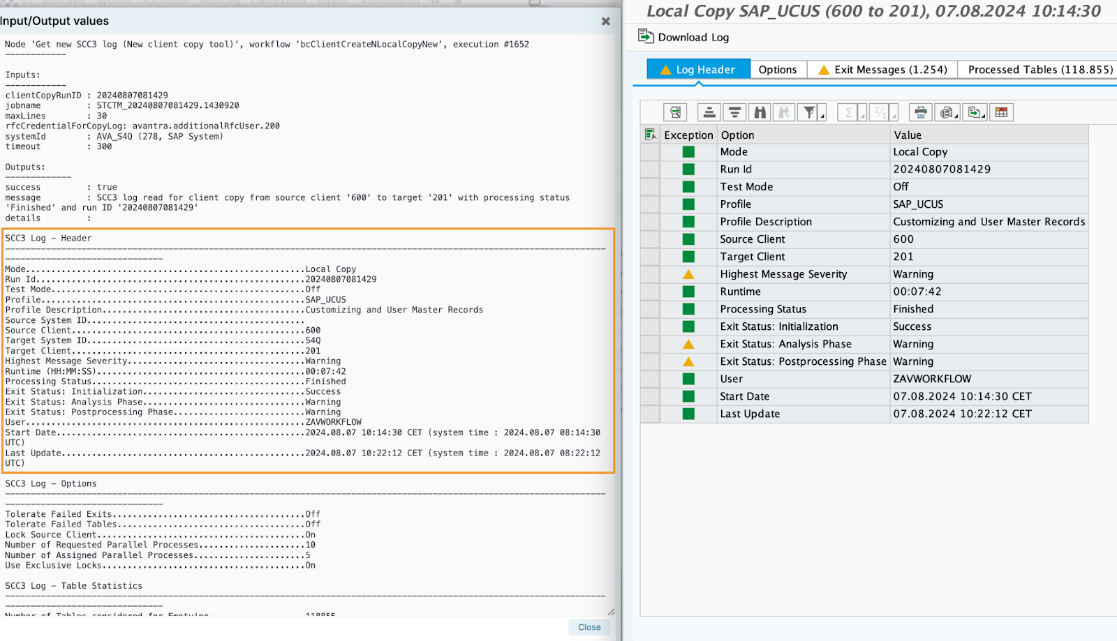 Output from Avantra local client copy (SCCLN) and the log header from SAP GUI’s SCC3 log