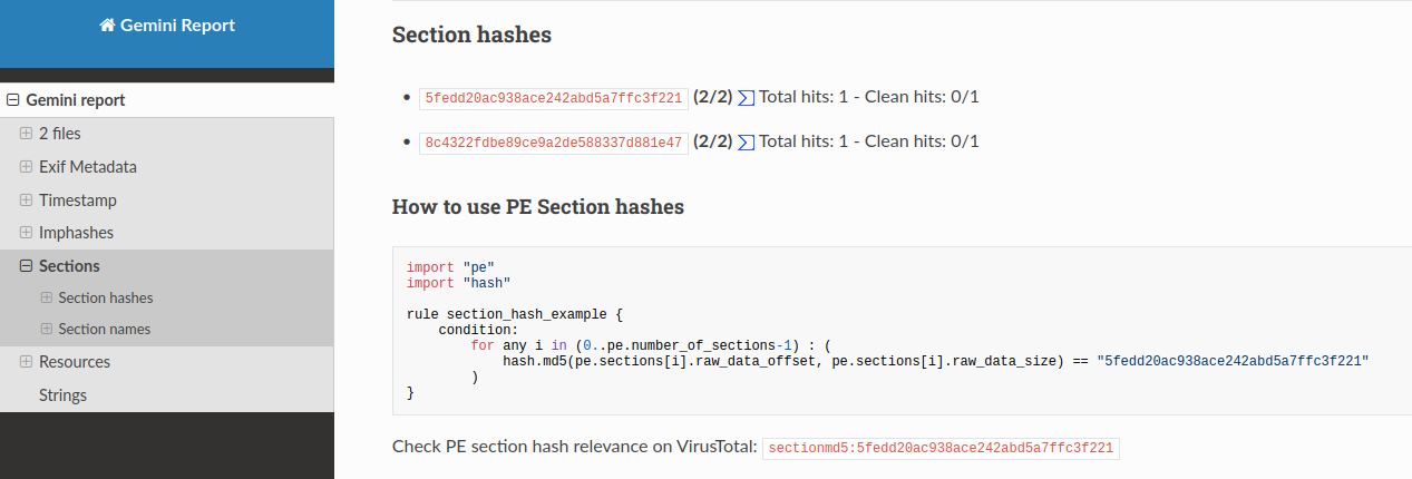 Gemini is a simple tool, but very helpful when it comes to writing a YARA rule. Its goal is to find similarities in files submitted from Ariane or a CLI interface that can be used to create YARA rules. Gemini extracts metadata of the submitted files and, depending on the file type, it looks at similarities between files and extracts all relevant strings to compare them. 