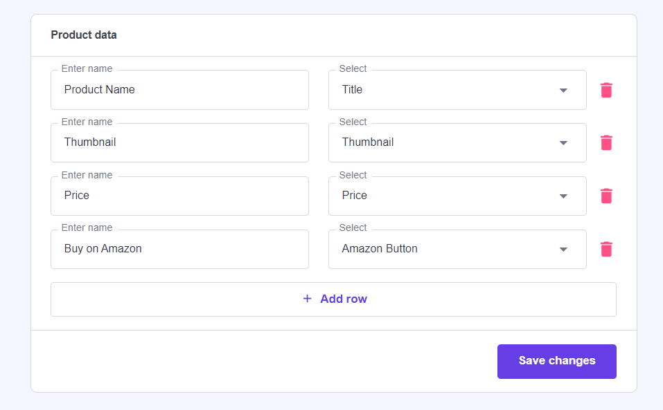 La configuración de los datos del producto al crear una tabla de comparación utilizando Hostinger Amazon Affiliate Connector plugin