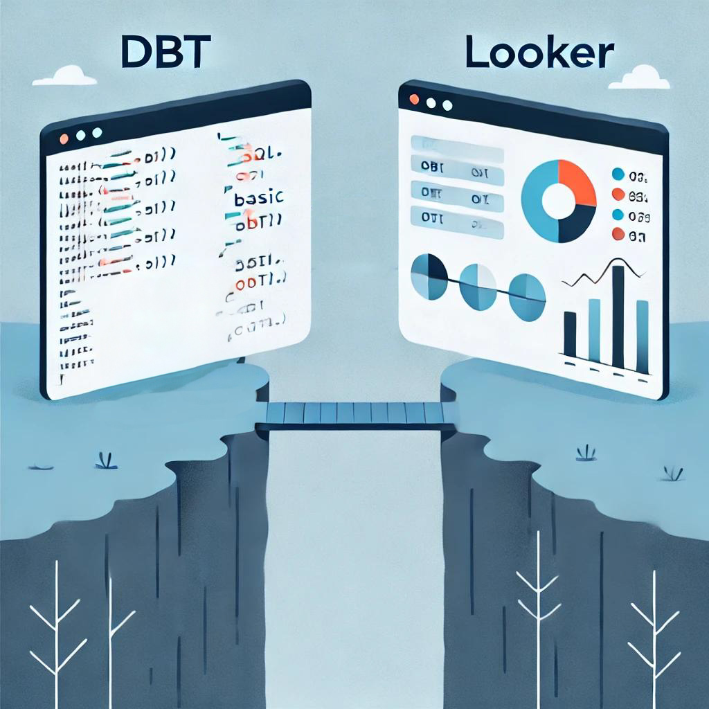 A graphic with two software tabs (DBT and Looker) on the opposite sides of a cliff with a small bridge between them