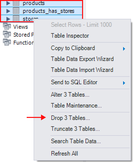 Выбор пункта Drop 3 Tables.