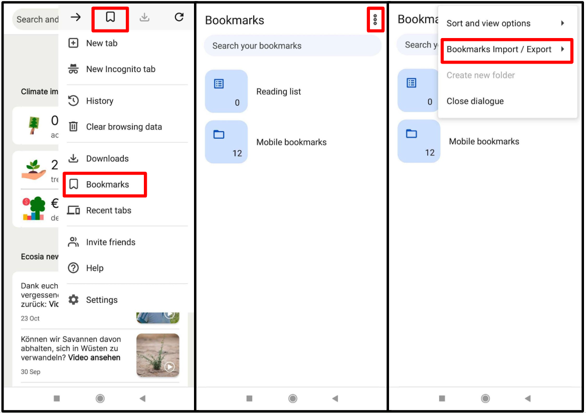 Screenshots, first shows Ecosia bookmarks without bookmarks yet, the second shows the selection between importing and exporting