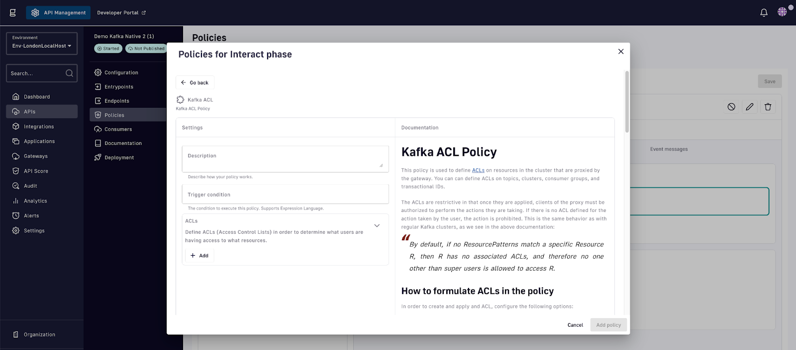 Adding the Kafka ACL policy, and configuring the ACLs