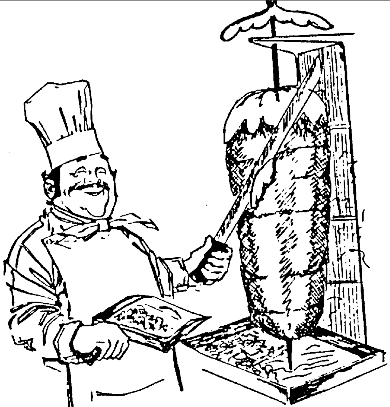 Döner Spieß mit Koch 1992, erstellt in der UFO Druckerei (Mehmet Tançgil, Orhan Özok, Mehmet U.)