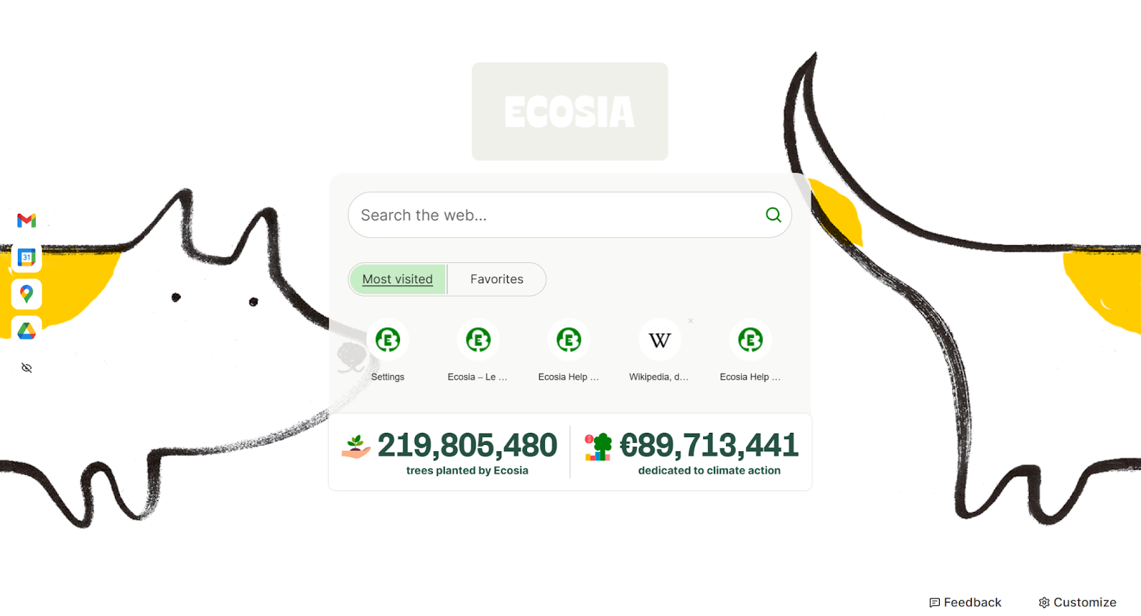 Image showing what the dog theme looks like overlayed with the Ecosia homepage