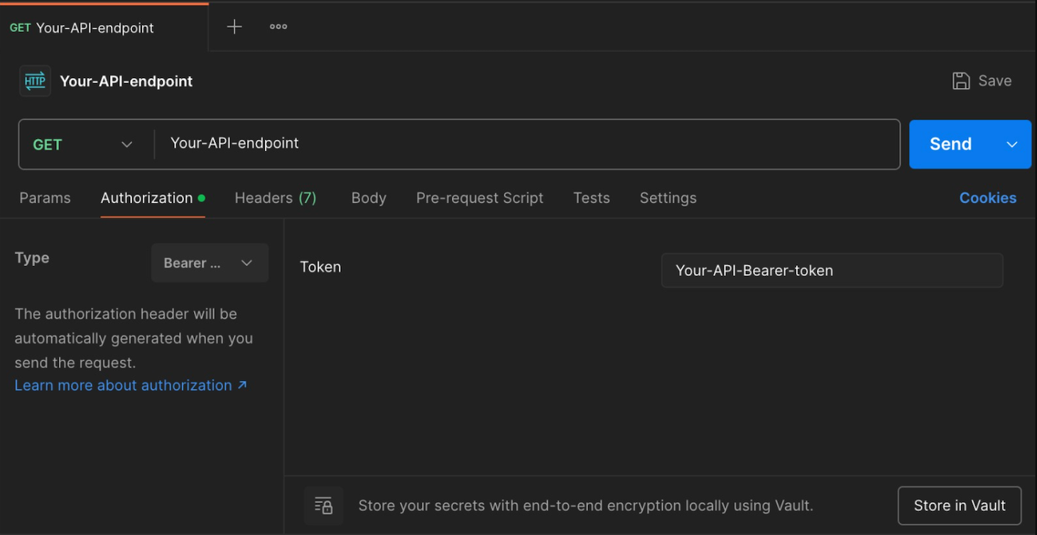 The API call configuration section in the Postman client API