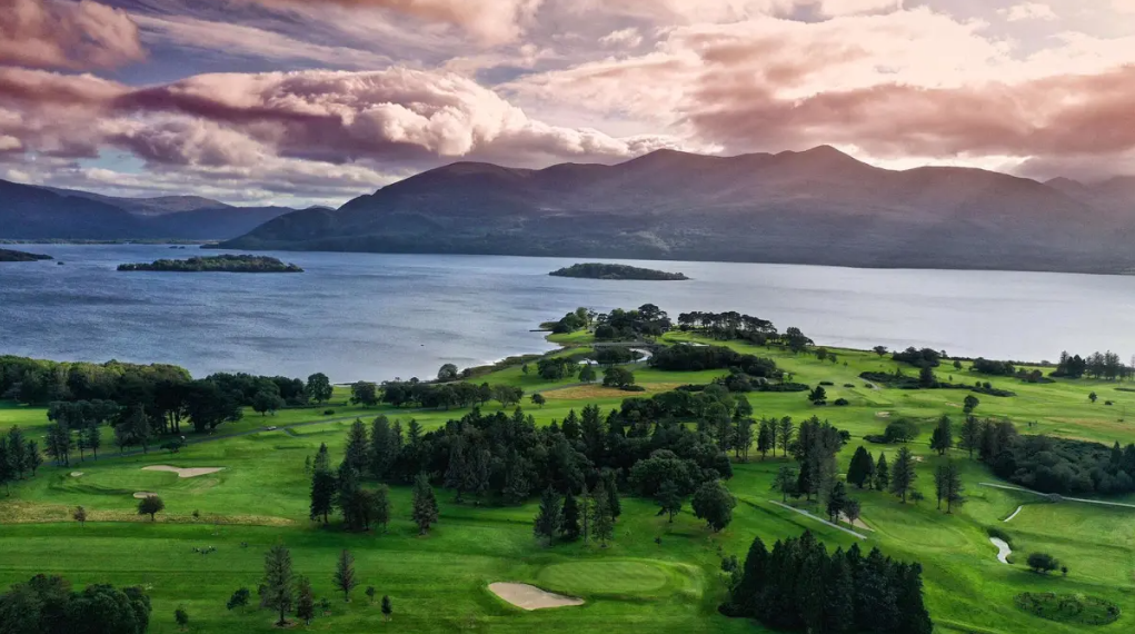 aerial view of killarney golf club with sea and mountains