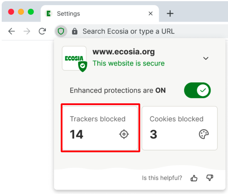 Image showing the privacy panel, showing whether the website is secure,, the amount of trackers and cookies blocked