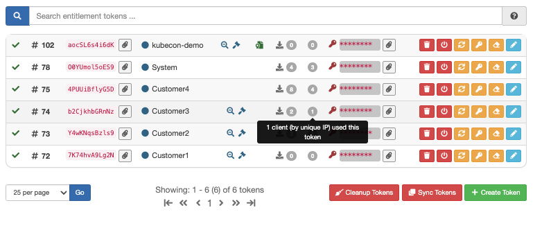 Cloudsmith UI: entitlement tokens dashboard