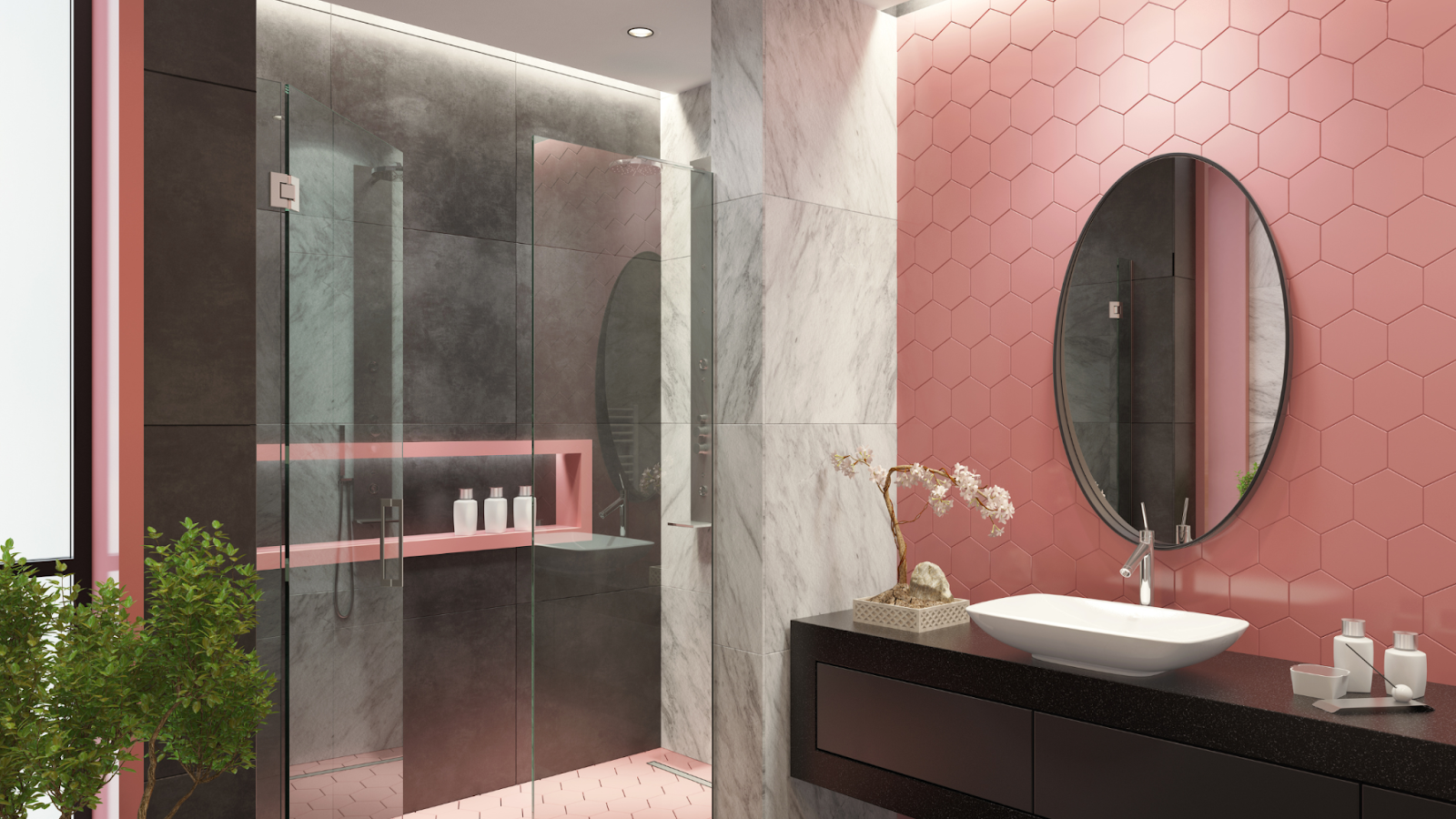 A modern bathroom with hexagonal tiles on the one wall.