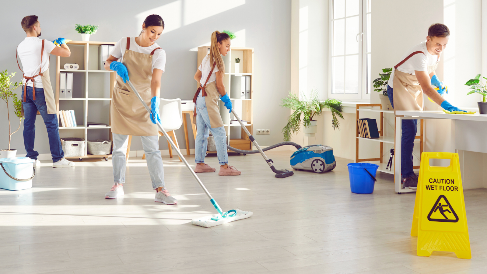 People cleaning a home after a remodel.