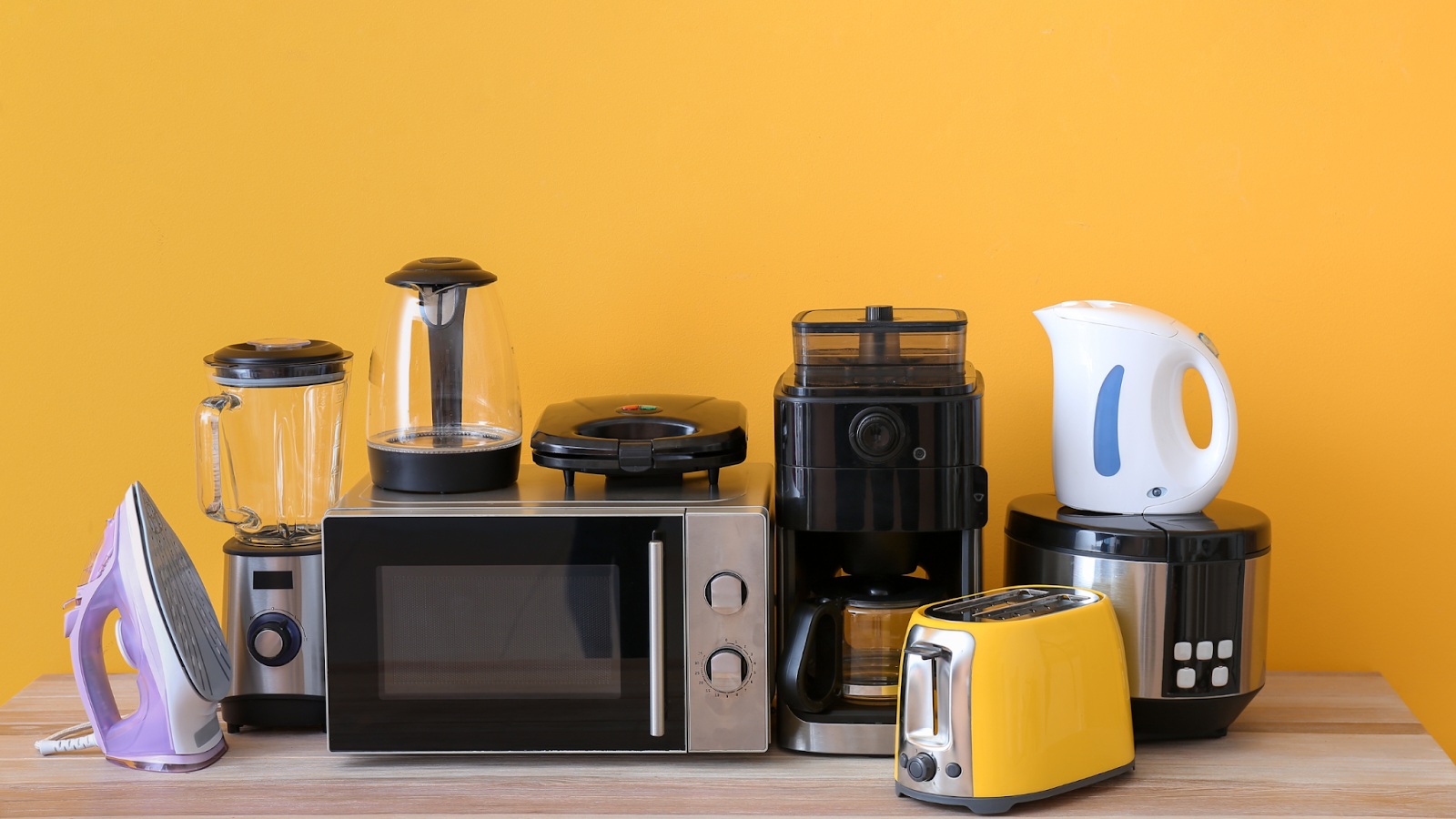 A variety of kitchen appliances. 