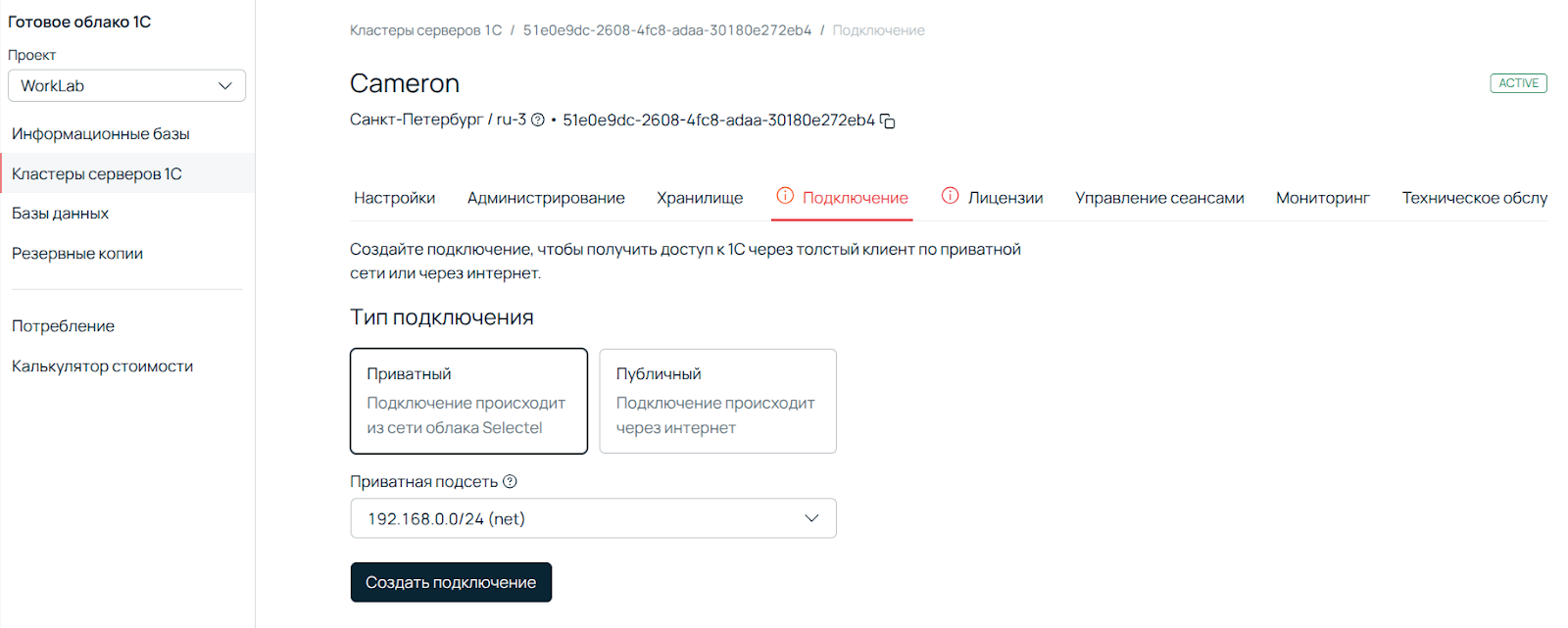 Скриншот ПУ: создание подключения для кластера.