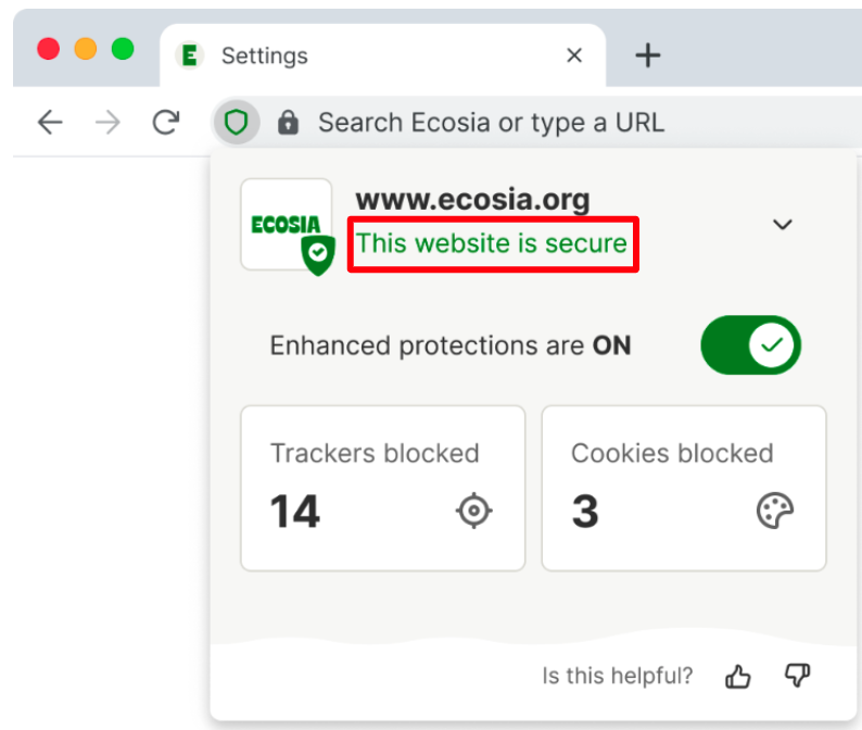 Image showing the privacy panel, showing whether the website is secure,, the amount of trackers and cookies blocked