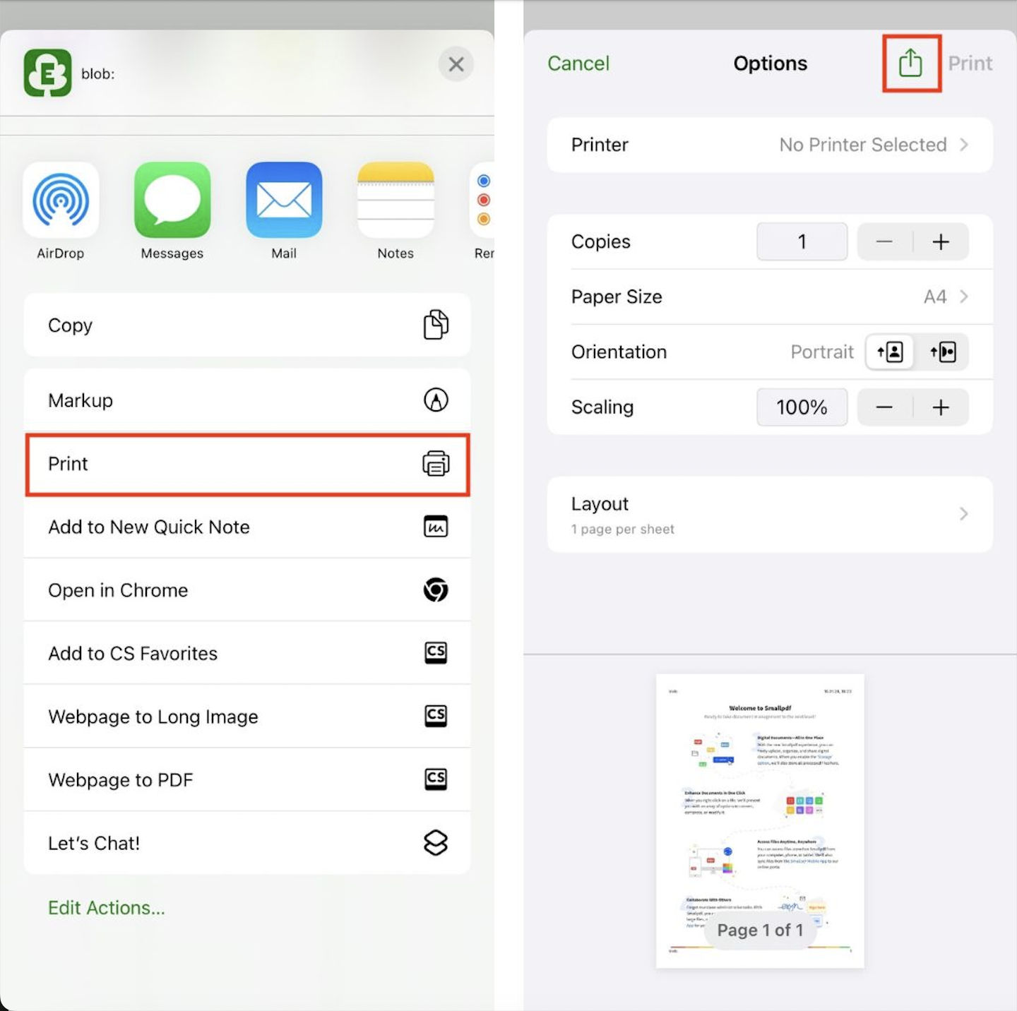 Screenshots showing how to access printing option within ios settings