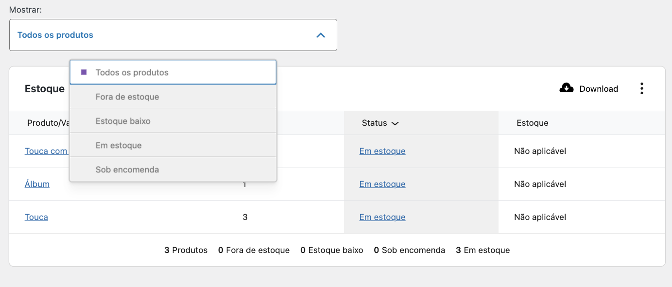 Status dos estoques de produtos no WooCommerce