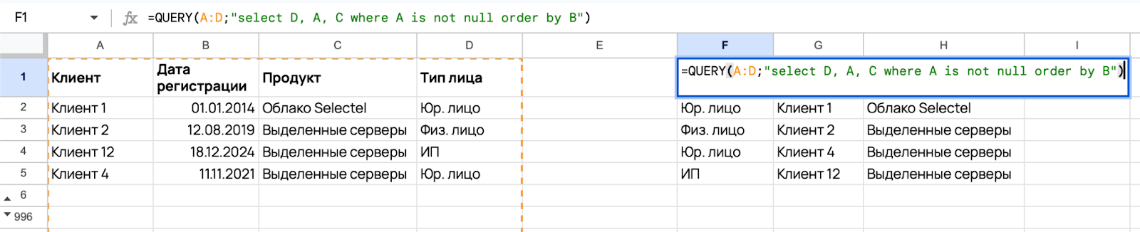 Применили формулу =QUERY(A:D;"select D, A, C where A is not null order by B”).