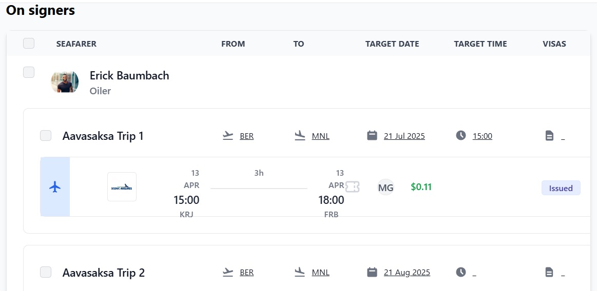 screenshot of Martide's maritime crew management software showing the travel agent flight request feature