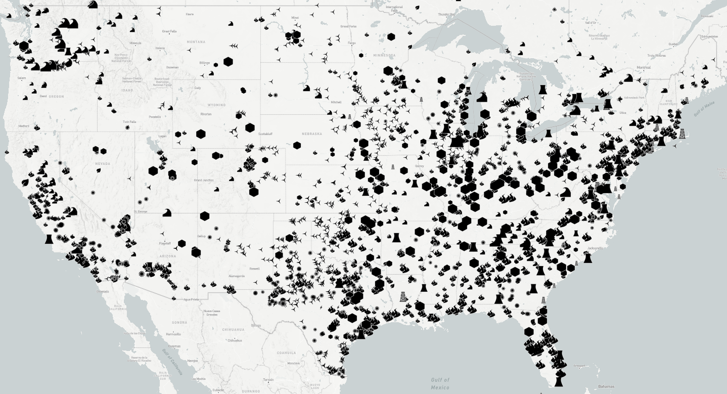 US map with types of power generation