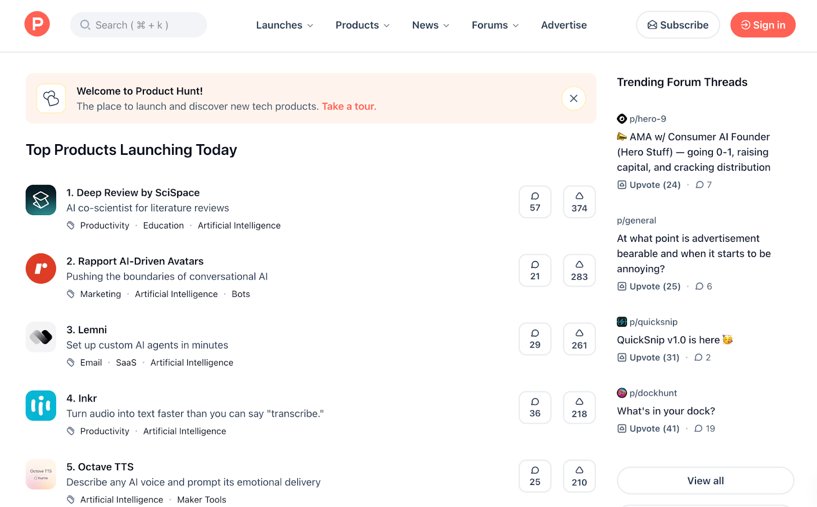 Página inicial do site Product Hunt mostrando novos produtos