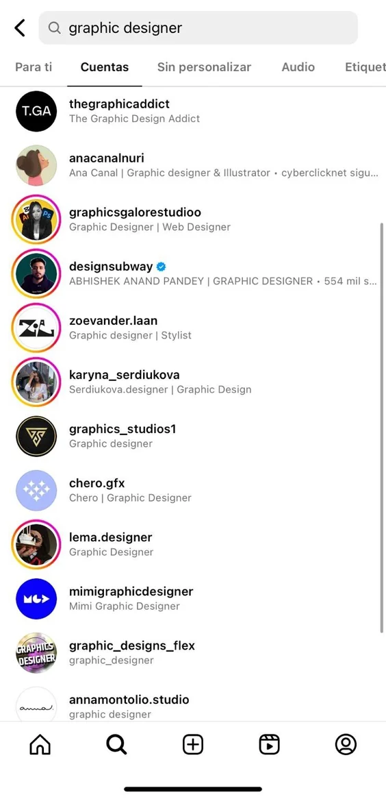 Screenshot of an instagram search of graphic designers