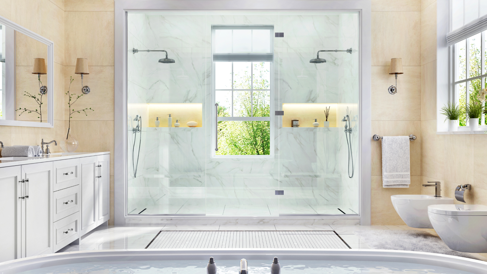 A chic bathroom with a double shower.