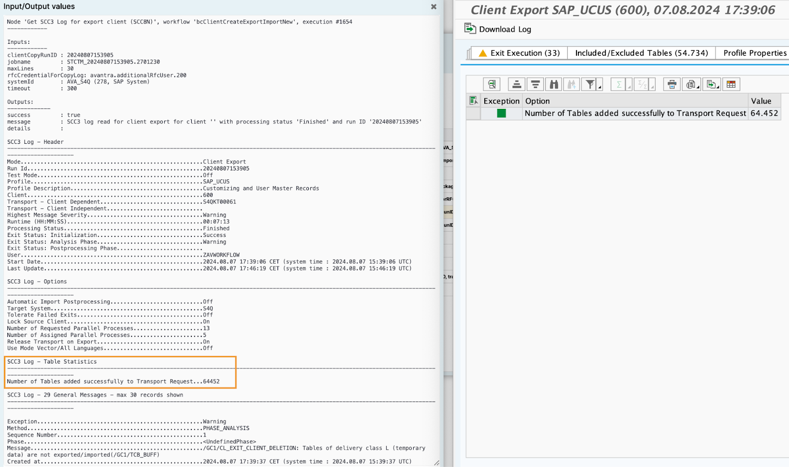 Output from Avantra for client export (SCC8N) and table statistics from SAP GUI’s SCC3 log