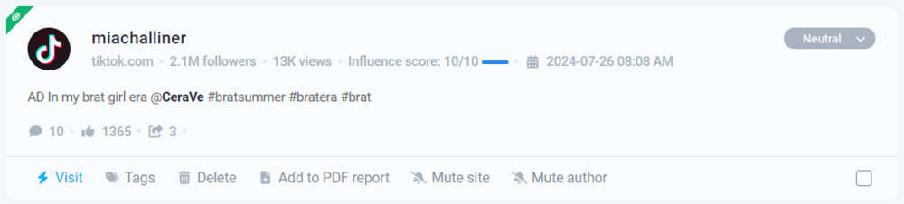 The above-described CeraVe mention detected by Brand24, the best AI social media monitoring tool