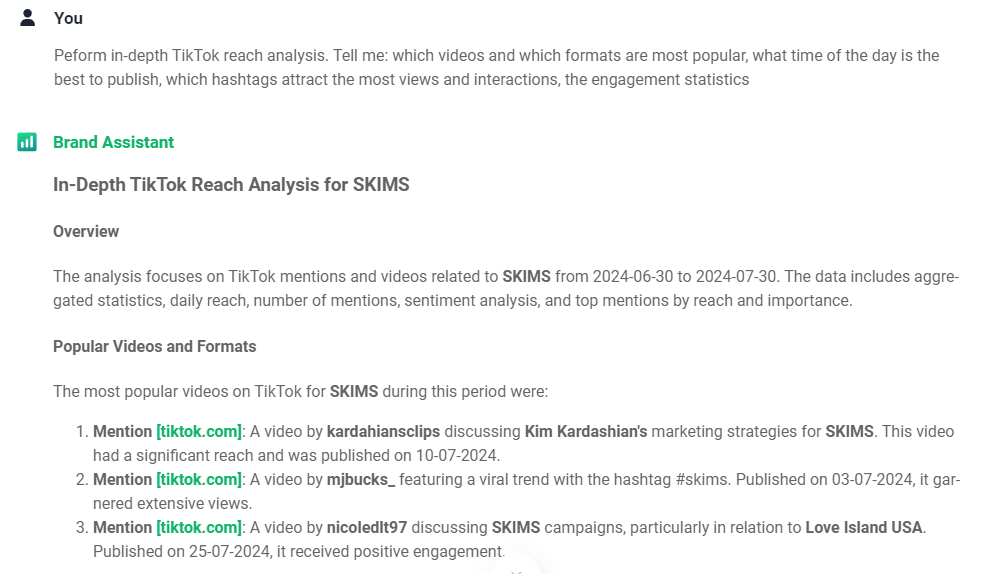 Brand24: Análisis del alcance de SKIMS en TikTok realizado por Brand Assistant - vídeos populares