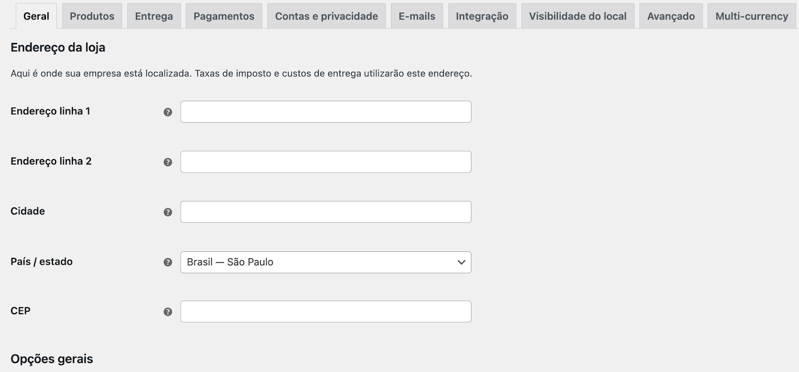 Configurações gerais do WooCommerce