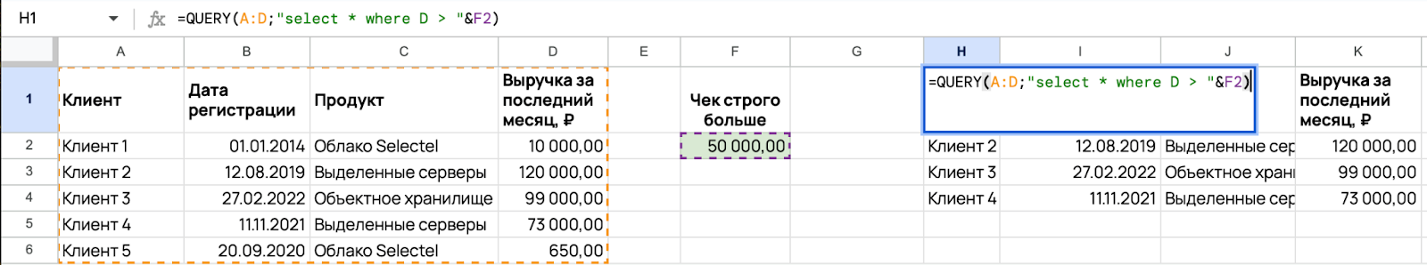 Ввели =QUERY(A:D;"select * where D > "&F2).