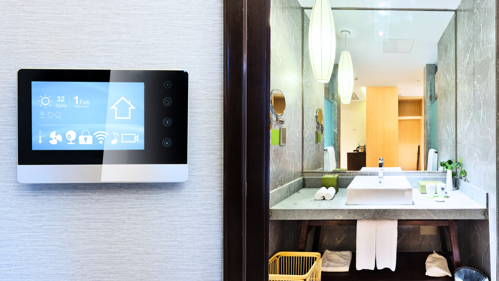 A smart bathroom with built-in tech.