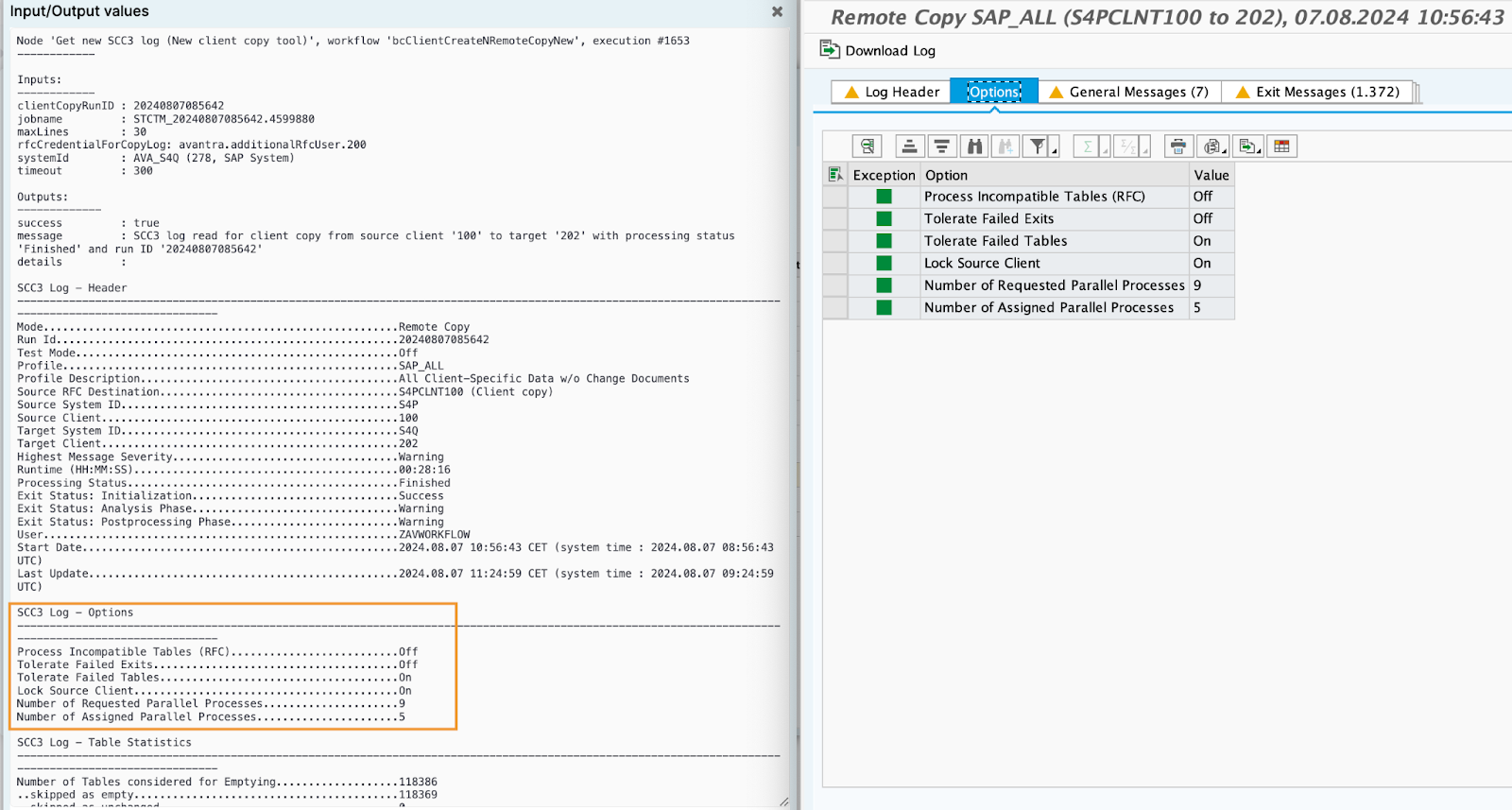 Avantra for a remote client copy (SCC9N) comparing the options with SAP GUI’s SCC3 log